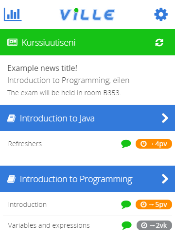 5 Aktiviiset kurssisi ViLLE Mobilen etusivulla Kurssiuutisten alta löydät listauksen kaikista aktiivista kursseista joilla olet mukana Kaikki aktiiviset kurssisi on sinisellä taustalla ja kurssien