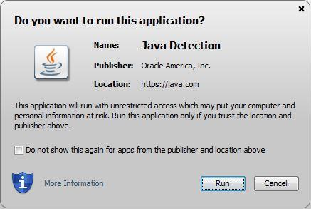 Näytölle aukeaa kysymys halutaanko Java käynnistää. Valitaan Run.