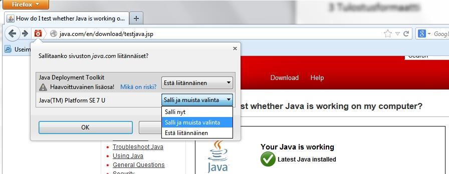 HUOM. Mikäli Java-ohjeen kohdan 1 sallimista ei ole tehty, tulee salliminen tehdä sivustokohtaisesti.