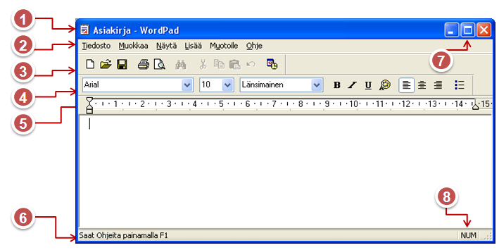 Wordpad ohjelman - käyttöliittymä WordPad on miniversio Word tekstinkäsittelyohjelmasta. WordPad -ohjelma kuuluu Windows -käyttöjärjestelmän apuohjelmiin.
