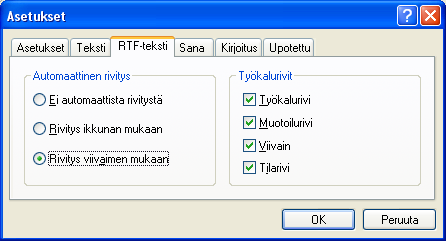 Ohjelman asetukset WordPad -ohjelmalla pystyy käsittelemään kolmea eri tyyppistä tekstiä. Jokaiselle tekstityypille on omat vakioasetukset. Asetukset löytyvät Näytä-valikosta.