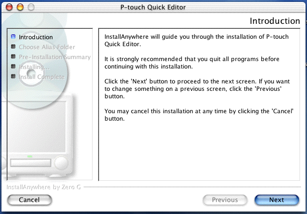 3 Laita mukana toimitettu CD-ROM-levy tietokoneen CD-ROM-asemaan. 4 Avaa Mac OS X kansio kaksoisnapsauttamalla sitä. 5 Avaa P-touch Quick Editor kansio kaksoisnapsauttamalla sitä.