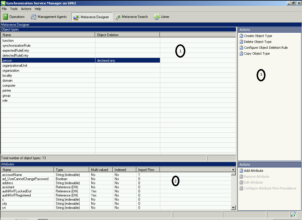 LIITE1 7(41) Kuva5: FIM synchronization service managerin Metaverse designer välilehti 1. Objekti tyypit a. Sisältää metaversumin objekti tyypit kuten esimerkiksi person, domain, group,jne 2.