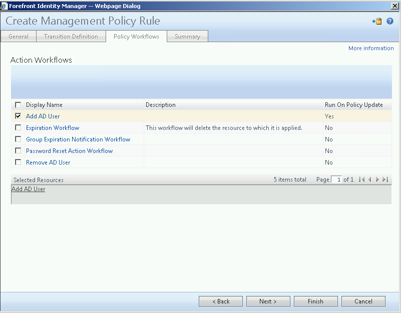 LIITE1 22(41) Management Policy Rule (MPR) luominen käyttämään työnkulkuja (workflow) Tässä osiossa luon kaksi MPR:ää joista toinen käyttää Add AD User työnkulkua ja toinen käyttää Remove AD User