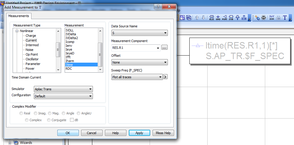 Valitse avautuvasta valikosta Nonlinear > Voltage > Vtime ja aseta Simulator: APLAC Trans. Valitse Measurement Componentiksi AC_V.V1 ja lisää mittaus kuvaajaan klikkaamalla Apply.