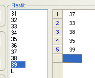 Tämän jälkeen valitse lisättä rasti vasemmanpuoleisesta listasta. Lisää rasti rataan tuplaklikkaamalla rastin koodia tai painamalla alhaalla olevaa Lisää rasti painiketta.