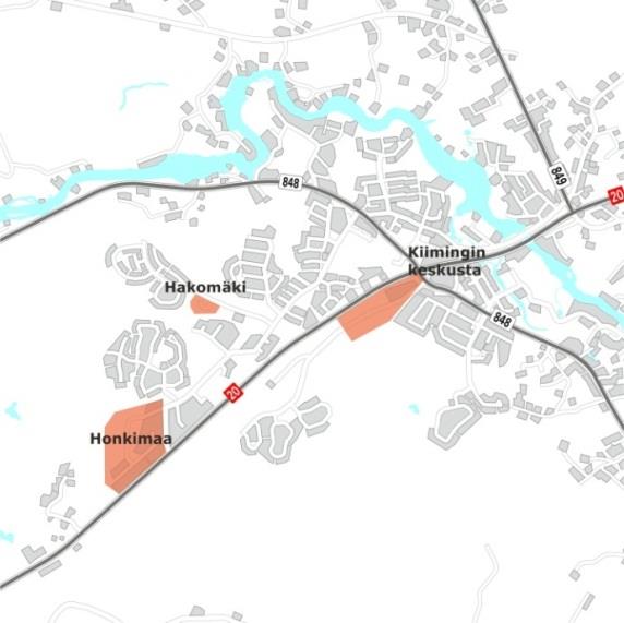 37 Kuvio 33. Kiimingin keskusta Alueiden vapaat tontit ovat enimmäkseen pienyrityksille soveltuvia tontteja.