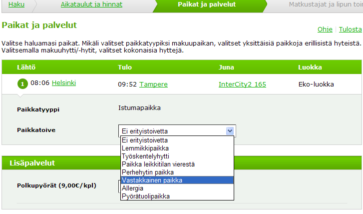 Voit jatkaa ilman erityisvalintoja klikkaamalla Maksa heti, jolloin VR:n järjestelmä valitsee parhaan mahdollisen vapaana olevan paikan sekä sijoittaa samalla varauksella olevat vierekkäin /