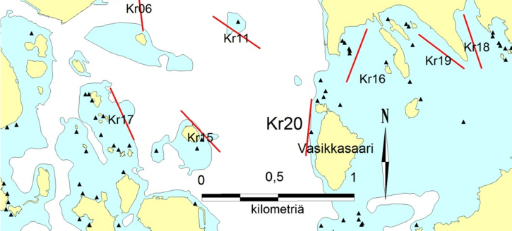 Kuva. Kruunuvuorenselän Gulf olympia -linjasto vuonna 0. Alueella tehtiin poikasnuottauksia viidellä nuottaukseen hyvin soveltuvalla nuottauspaikalla (kuvat ja ).