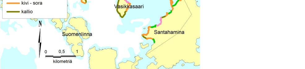 Tulokset. Habitaattikartoitus Rantaviivasta rakennettujen rantojen osuus oli % (kuva 8).