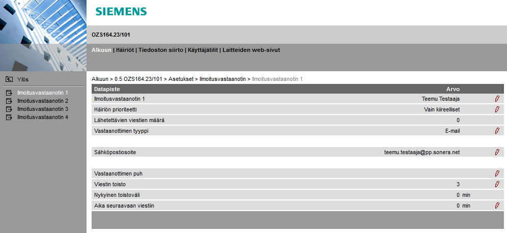 Sähköpostin ja tekstiviestien vastaanottajat A) Tähän laitetaan vastaanottajan nimi. Nimen voi valita vapaasti. B) Tähän laitetaan vastaanotettavien viestien luokitus.