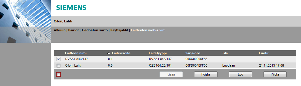 Lämpöpumpun ohjaimen sivun luominen - vaihe 2 Lämpöpumpun ohjain on nyt haettu LPB-väylästä.