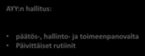 Käytännössä: Eduskunta AYY:n edustajisto: SUURET päälinjat Strategiset tavoitteet Linjat ja mielipiteet EI: Päivittäistä toimintaa Yksityiskohtien hinkkausta AYY:n hallitus: Laki Säännöt