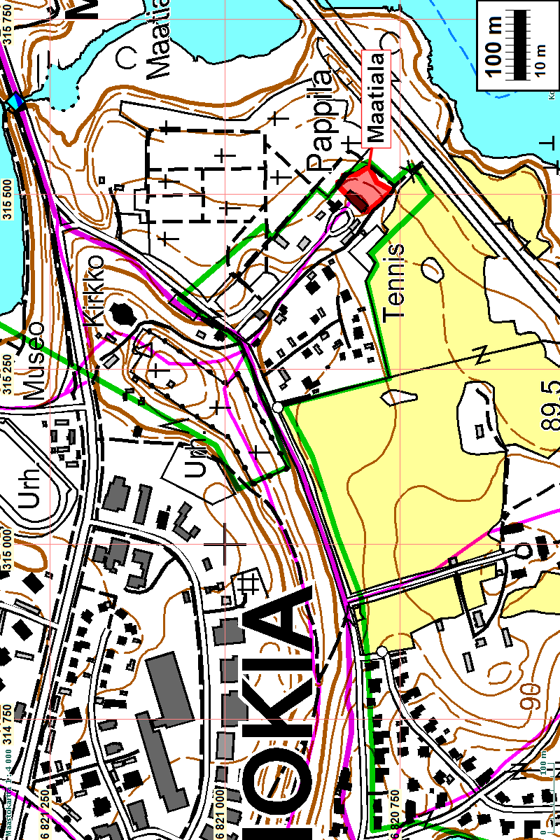 10 Alueen SW osa, Maatiala Kylä / talotontit punaisella, vanha tiestö sinipunaisella.