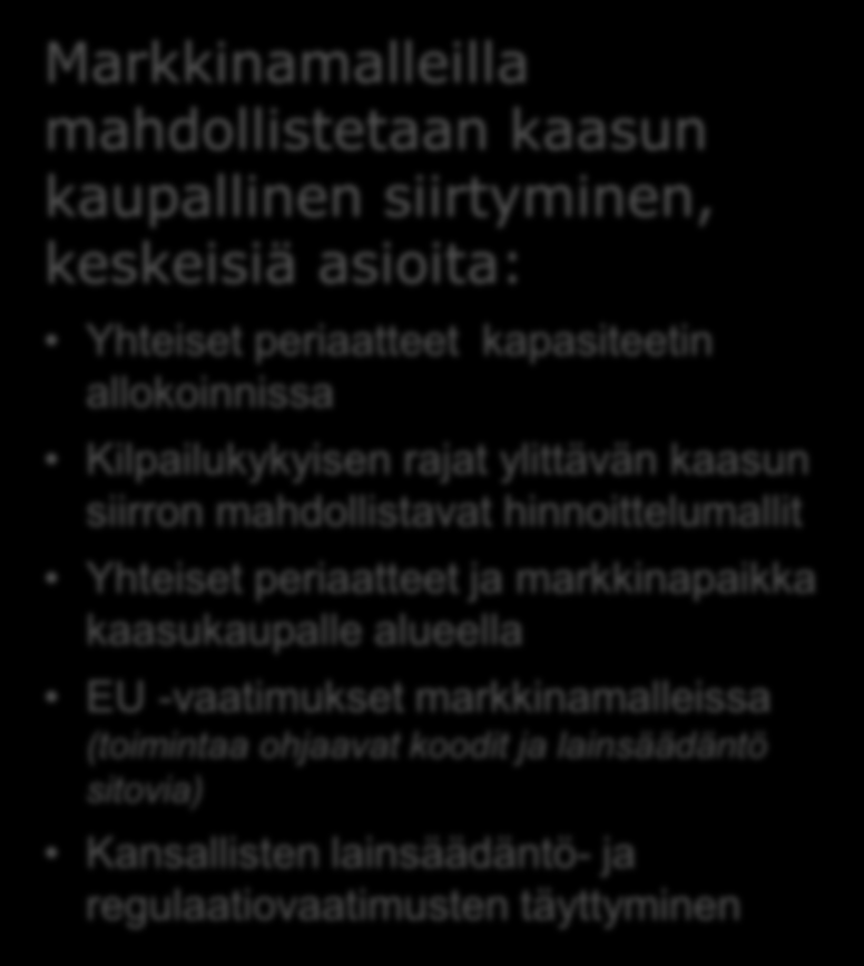 Kaasumarkkinan kehittäminen vaatii infrastuktuurin rakentamista ja yhteisen markkinamallin alueella Markkinamalleilla mahdollistetaan kaasun kaupallinen siirtyminen, keskeisiä asioita: Yhteiset