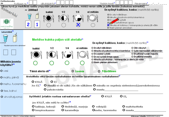 nutritionday worldwide: Täyttöohjeet ja määritelmät 2014 3/6 Potilaslomake 3a: Henkilökunnan tulee täyttää päivämäärä, potilaan numero ja alkukirjaimet sekä Sairaalan ja yksikön koodi.