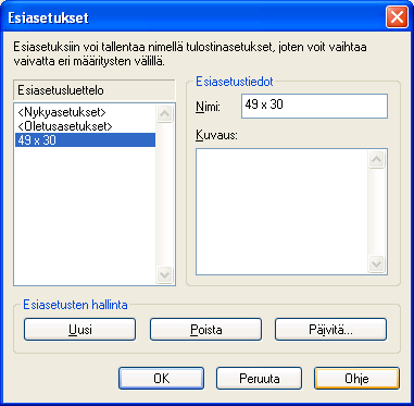 20.8.2009 Sivu 21 / 34 Luodaan uusi Esiasetus (Preset) klikkaamalla Uusi.