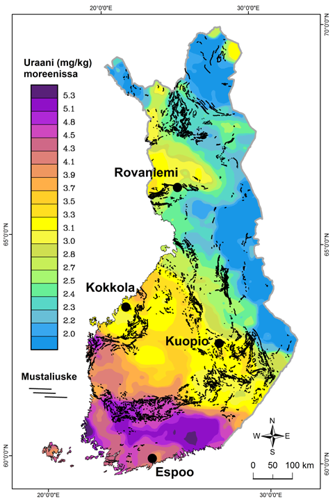Kuva 22. Uraanipitoisuus moreenissa (<0,06 mm:n raesuuruus, kokonaispitoisuus).