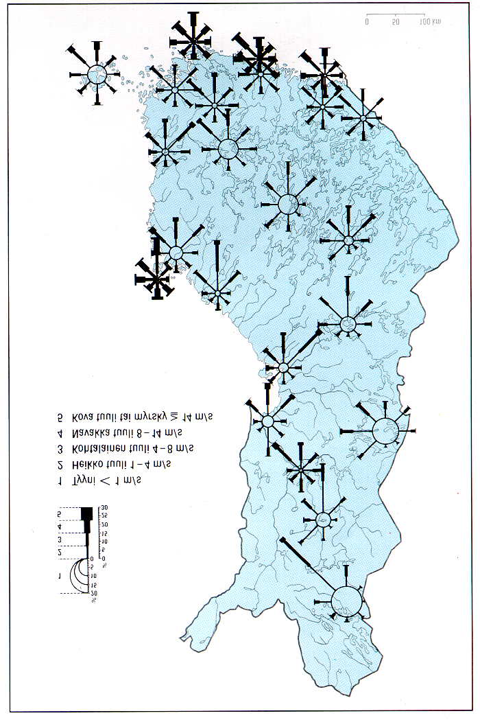 3 3 TUULIHAVAINNOT 3.1 Paikkakuntakohtaisia tuulijakaumia Suomi kuuluu alueeseen, missä matalapainetoiminta on yleensä vilkasta ja säätila nopeasti vaihtelevaa.