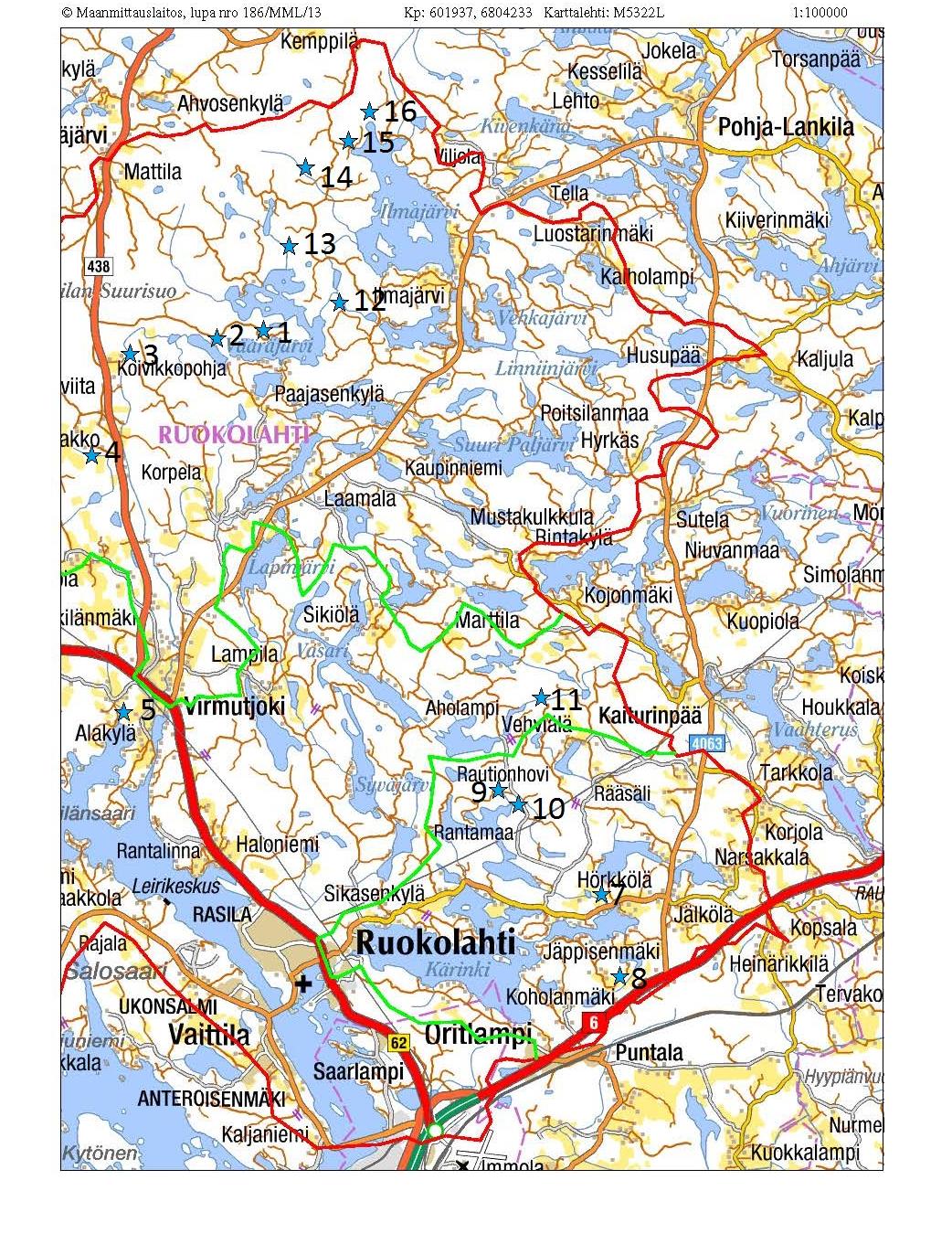 55 Kuva 39. Hankealueen itäinen osa ja maastokohteet kartalla.