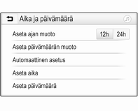 80 Mittarit ja käyttölaitteet Aseta aika Valitse Aseta aika siirtyäksesi kyseiseen alavalikkoon. Valitse Autom. näytön alaosasta. Aktivoi joko Päällä - RDS tai Pois päältä (manuaalinen).