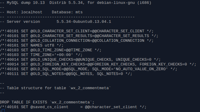 Tietokannan varmuuskopiointi Käytin tietokannan varmuuskopiointiin mysqldump-ohjelmaa: $ mysqldump --user="root" --password="[salasana]" mts > mtsbackup.