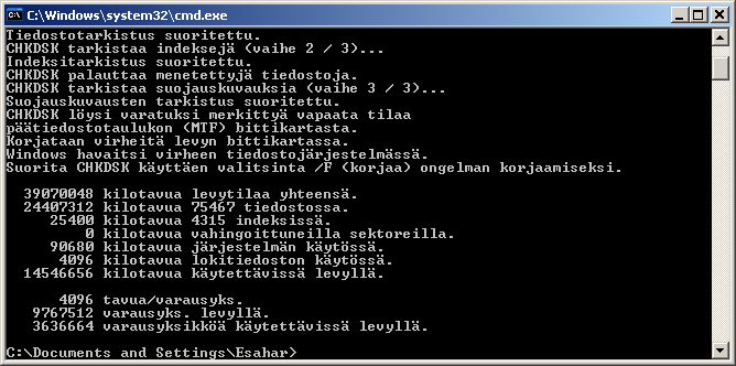 5. Tässä vaiheessa käyttöjärjestelmä tarkistaa kiintolevyn pinnan ja lopuksi tulee yhteenveto ajon tuloksista. 6.