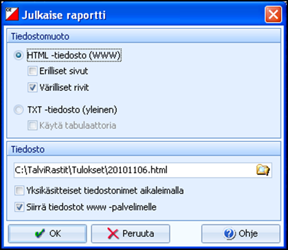 TULOKSET Tulokset Internetiin lähetetään OE2010:n Tulokset Viralliset - Radat toiminnolla. Varmista ikkunan alaosan Valinnat osasta, että varmasti kaikki radat on valittuna.