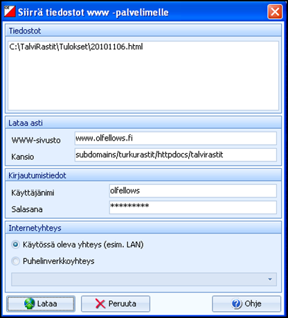 Varmista, että Tiedostomuotona on HTML Tiedosto kentässä on yllä olevan mallin mukaan tiedostonimenä tapahtuman päivämäärä muodossa VVVVKKPP.HTML. Muuta tiedostonimeksi oikea nimi.