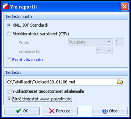 Varmista, että Tiedostomuotona on HTML Tiedosto kentässä on yllä olevan mallin mukaan tiedostonimenä tapahtuman päivämäärä ja _V tarkoittamassa väliajat muodossa VVVVKKPP_V.HTML. Muuta tiedostonimeksi oikea nimi.