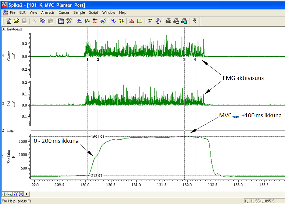 EMG-signaalista korjattiin (time shift) mittalaitteiden radioteiden aiheuttama viive (270 ms), signaali tasasuunnattiin ja siitä analysoitiin keskiarvoistettu tehollisarvo (RMS EMG) kahdessa eri