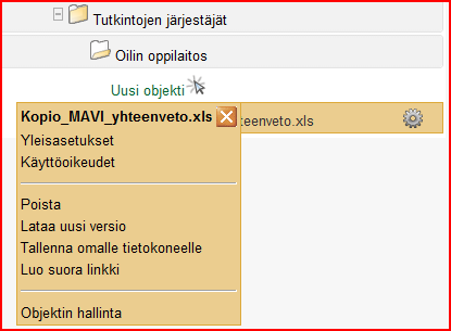 Seuraavaksi voit ladata (eli siirtää omalta tietokoneeltasi Optimaan) tiedostot kohdasta Uusi objekti. Valitse Tuo omalta koneelta, Tiedosto.