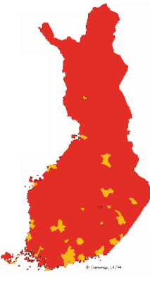 22 Kuva 3. Kunnat joissa pelastustyöstä vastaavat pääosin vapaaehtoispalokunnat merkittynä punaisella sekä keltaisella, joissa pelastustyöstä vastaavat pääosin vakinaiset palokunnat (Palokuntalaiset).