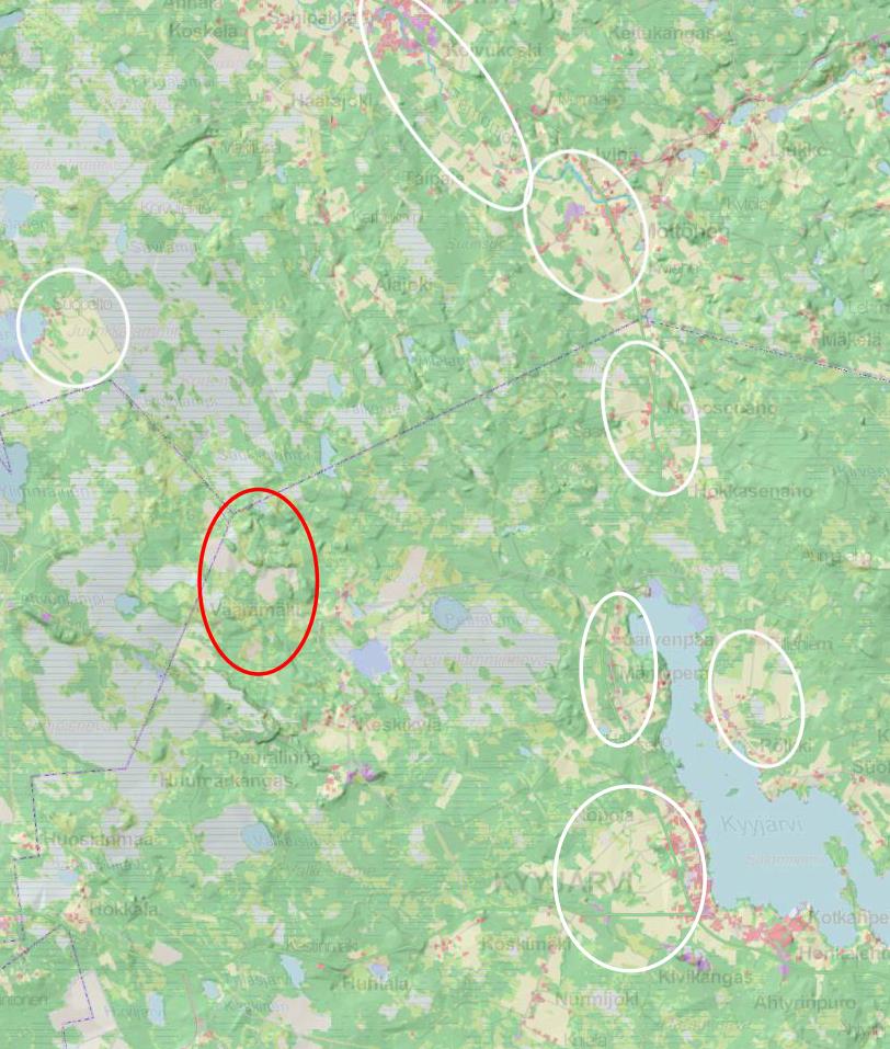 15 km suunnittelualueelta etelälounaaseen. Kuva 18. Pesolan mäen taloryhmän sijainti (sininen kohdemerkintä sinisen ympyrän sisällä, hankealue merkitty punaisella soikiolla).
