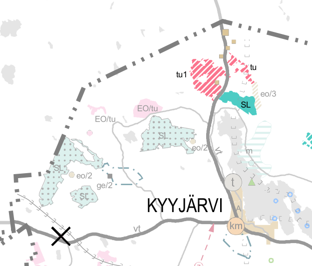 Kuva 32. ote 3. vaihemaakuntakaavasta 2012, Tuulivoimapuiston likimääräinen sijainti on merkitty punaisella rinkulalla. Keski-Suomen 1.