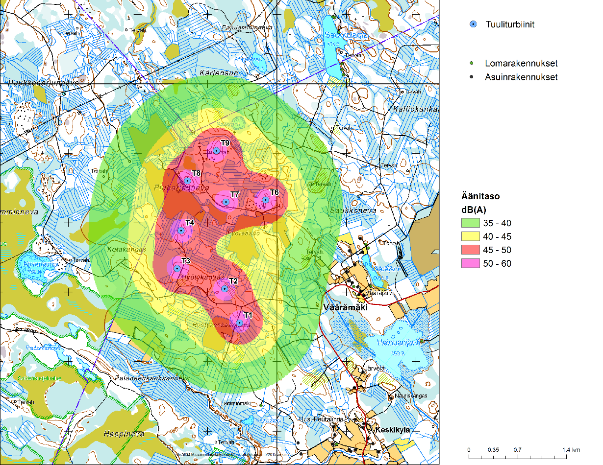 Kuva 64. A-painotetut äänitasot tuulivoima-alueen ympäristössä. Matalataajuisen melun laskenta on suoritettu ympäristöministeriön mallinnusohjeistuksen mukaisesti.