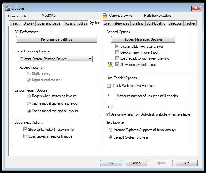 Liite 1 19 (40) System välilehti Magicad 3D Performance Performance settings avaa uuden