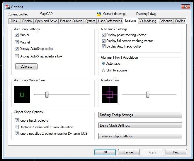 Drafting välilehti Liite 1 27 (40) Auto snap settings Tässä kohdassa pääset vaikuttamaan object snapin käyttäytymiseen.