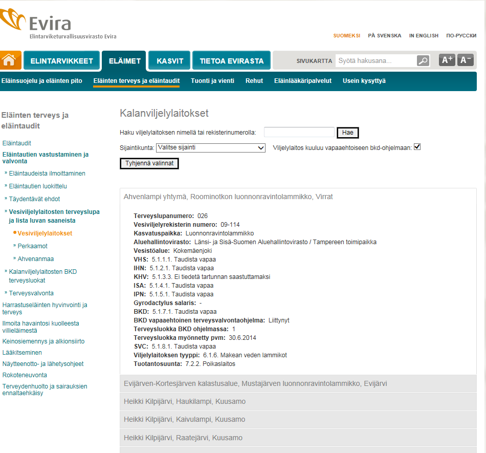 Listaus Eviran internetsivuilla http://www.evira.