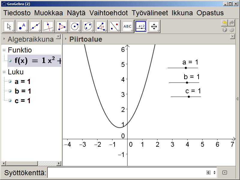 Nyt kun liukusäätimet on luotu, luodaan itse paraabeli kirjoittamalla lauseke syöttökenttään.