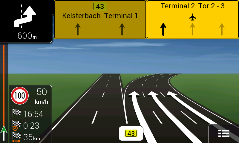 2.3.6 Kaistan tiedot ja tienviitat Navigoitaessa monikaistaisilla teillä on tärkeää ryhmittyä oikealle kaistalle suunnitellun reitin seuraamiseksi.