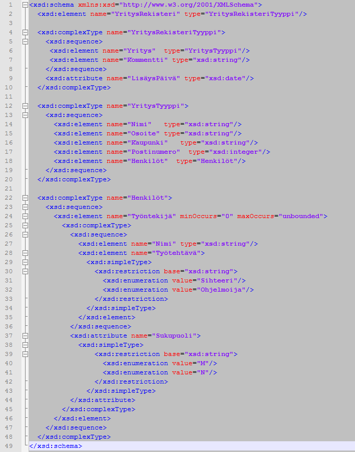 Kuva 7 Scheema-esimerkki Vastaavanlaista xml tiedostoa voitaisiin käyttää esimerkiksi jossakin ohjelmistossa tallentamaan yrityksen tietoja.