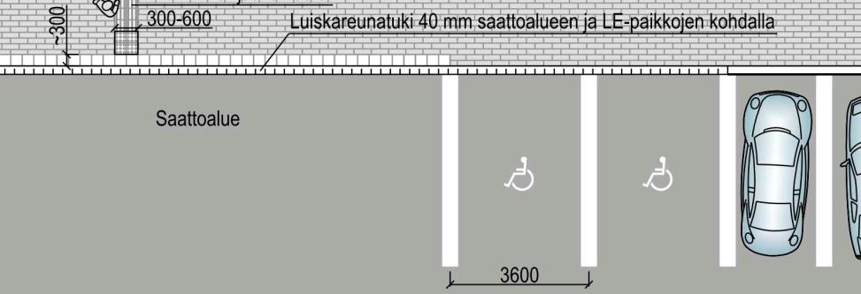 Suunnitteluohjeet, LE-paikat Ruudun koko Leveys 3600 mm Pituus 5000 mm Merkitseminen Maalaus pinnoitteeseen Tolppaan tai seinään kiinnitettävä tunnus