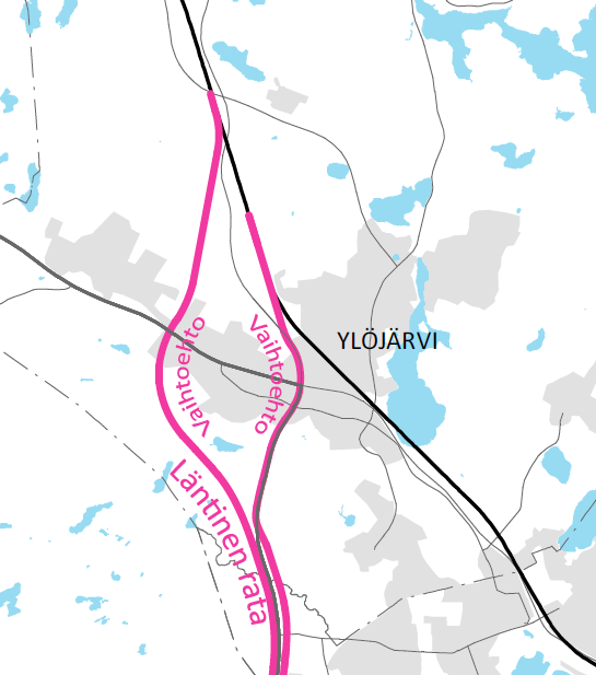 Ratayhteydet, Ylöjärvi Nokian ja Ylöjärven välillä rata kulkee mahdollisimman lähellä vt 3 Läntistä kehätietä joko itätai länsipuolella Vaihtoehtoina rata keskustassa vt 3 käytävässä tien itä- tai