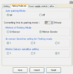 2) Pysäköintitilan asetukset Auto parking Mode: Aseta automaattinen pysäköintitila käyttöön tai pois käytöstä (Asetusarvot: on (käytössä) / off (pois)) Converting time to parking mode: Aseta aika,