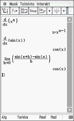 Voit myös kirjoittaa funktion lausekkeen, maalata sen ja käyttää valikkoa Interakt -> Laskenta -> diff. Derivaatta määritetään näppäimellä ]. Kannattaa käyttää lausekkeen raahaamista!