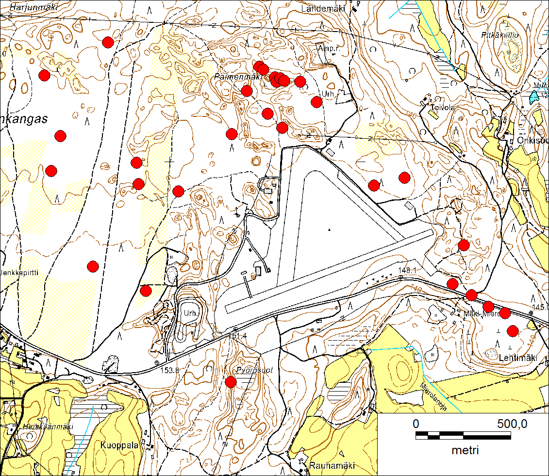 Kuva 5. Todetut kangasvuokon kasvupaikat (punaiset ympyrät) Vesivehmaankankaan alueella.