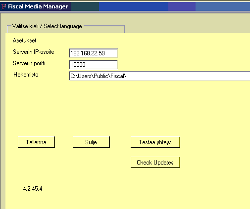 Kirjautuminen Fiscal Media Manager ohjelmaan 20.9.2012 Aloita ohjelman käyttö painamalla Asetukset painiketta. Ohjeet jäljempänä.