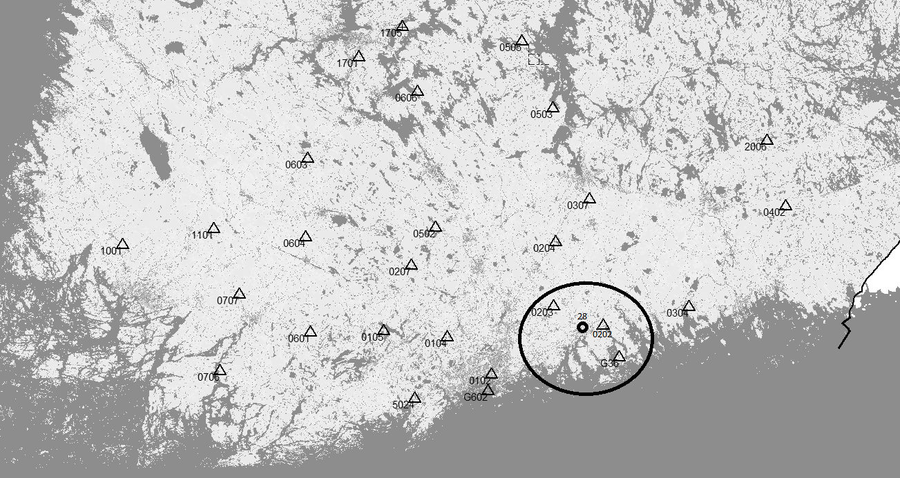 61 Kuva 26. Porvoon tukiaseman sijainti kartalla sekä ympyröitynä ne pisteet, joiden mittauksessa sitä käytettiin Master-tukiasemana. [muokattu 38] 5.