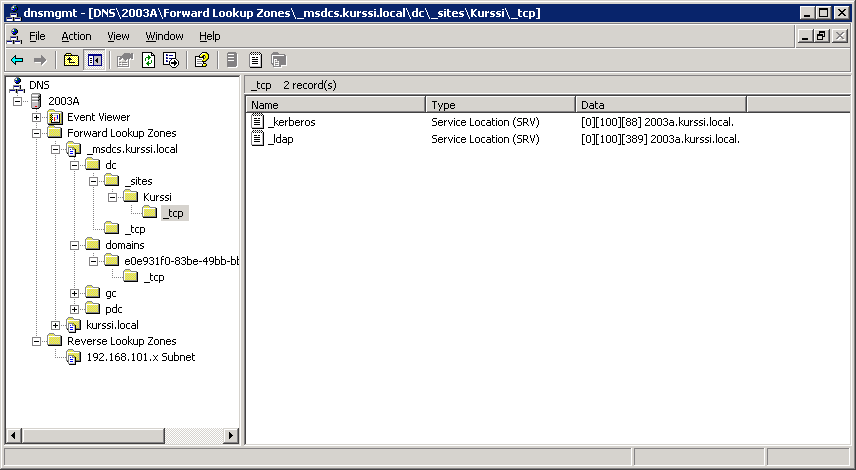 KRTT Oulu Windows 2003 - AD-terveystarkistus 2008 Kimmo Rousku sivu 8 (20) 5. DNS:n toiminta ja määritykset Avaa DNS-hallinta ja avaa sieltä laatimasi toimialueen-mukainen dns-vyöhyke.